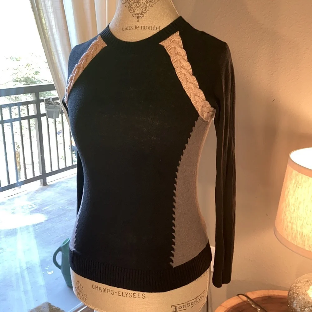 SI-IAE cableknit trim sweater shirt longsleeve black tan & gray cashmere top XS - Picture 4 of 7